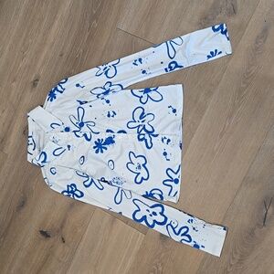 The Open Product Women's Small White Blue Button-down Blouse Korean